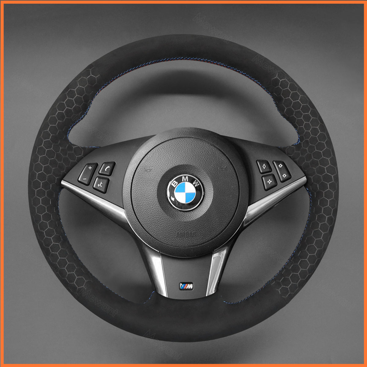 BMW Lenkrad mit schwarzem MEWANT Lenkradbezug und silbernen Speichen, Vorderansicht