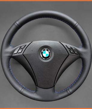 MEWANT Steering Wheel Cover for E60 (Sedan) 530d 2003-2009 E61 (Touring) 2004-2009 Handsewing Black Artificial Leather